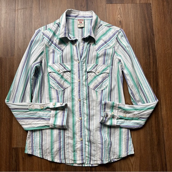 True Religion Western Womens Pearl Snap Shirt Medium Purple Green Long Sleeves - Picture 1 of 9